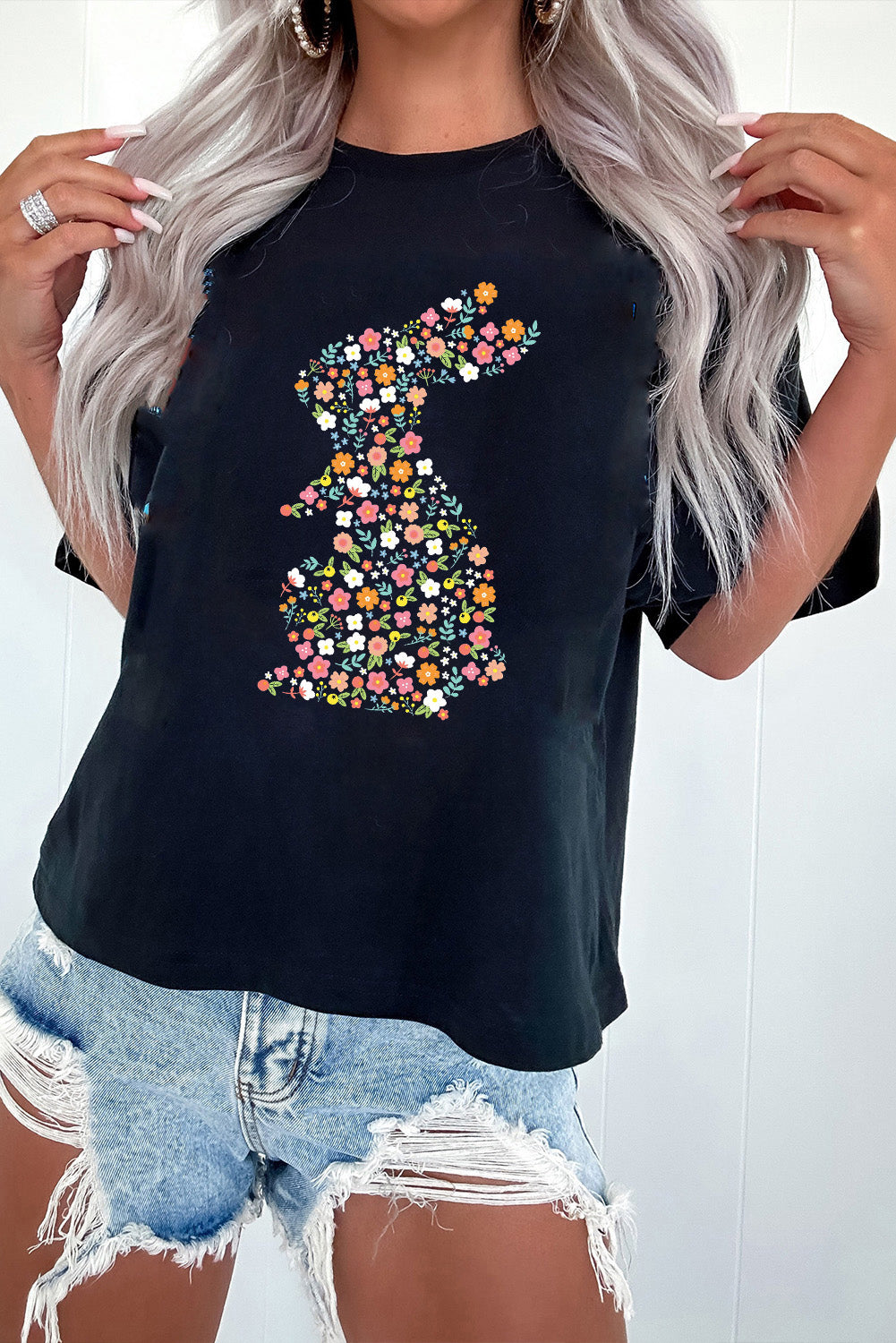 Black Colorful Floral Bunny Graphic Easter T Shirt