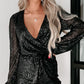 Black Sequined V Neck Wrapped Long Sleeve Romper