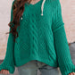 Sea Green Cable Knit V Neck Contrast Drawstring Hooded Sweater