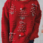 Racing Red Rhinestone Bow Pearl Decor Christmas Tree Round Neck Sweater