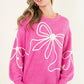 Bright Pink Corded Flower Bow Ribbed Trim Casual Sweater