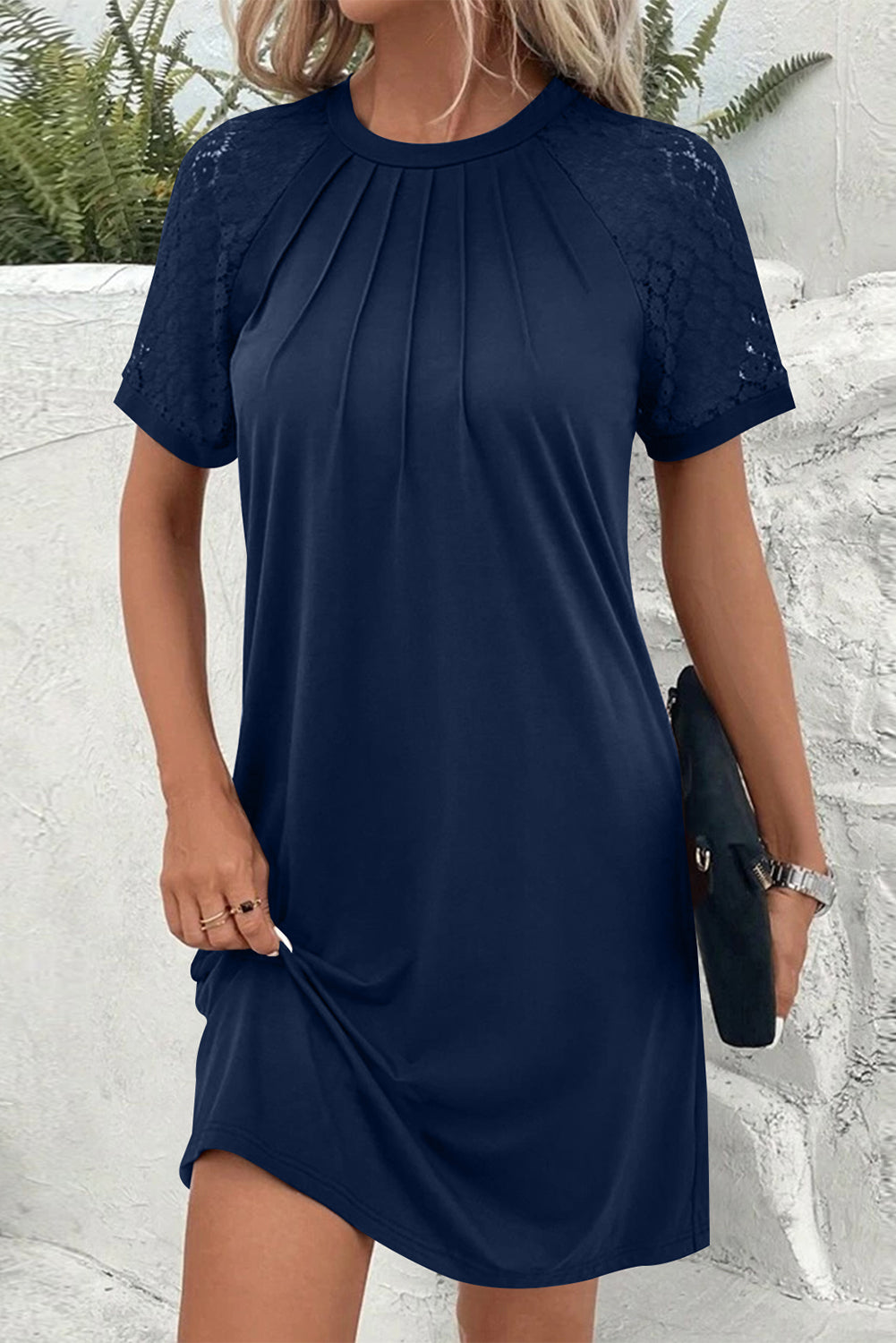 Navy Blue Contrast Lace Raglan Sleeve Pleated Detail Shift Dress