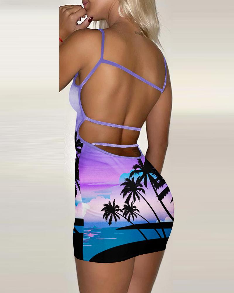 Tropical Landscape Print Backless Bodycon Dress