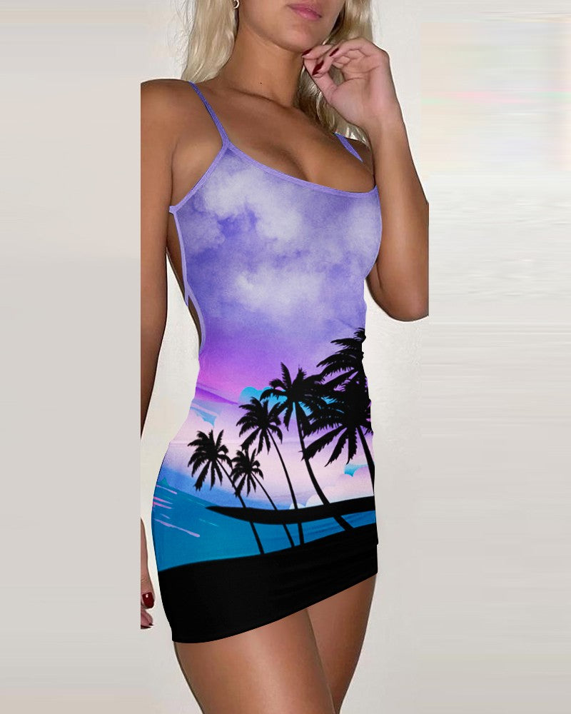 Tropical Landscape Print Backless Bodycon Dress