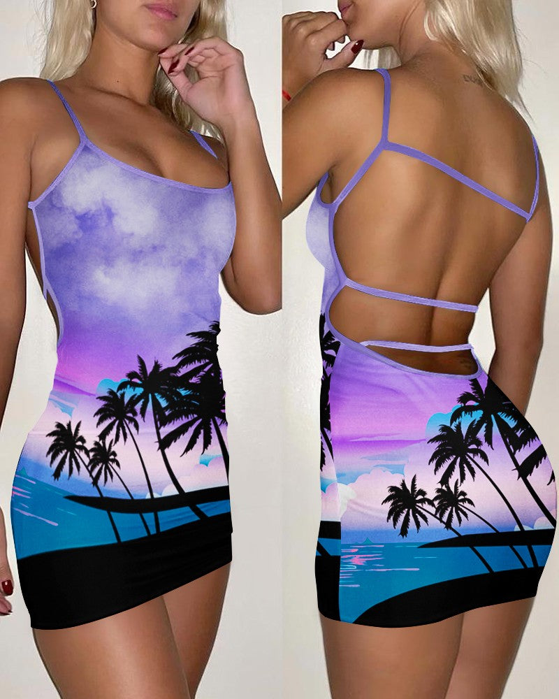 Tropical Landscape Print Backless Bodycon Dress