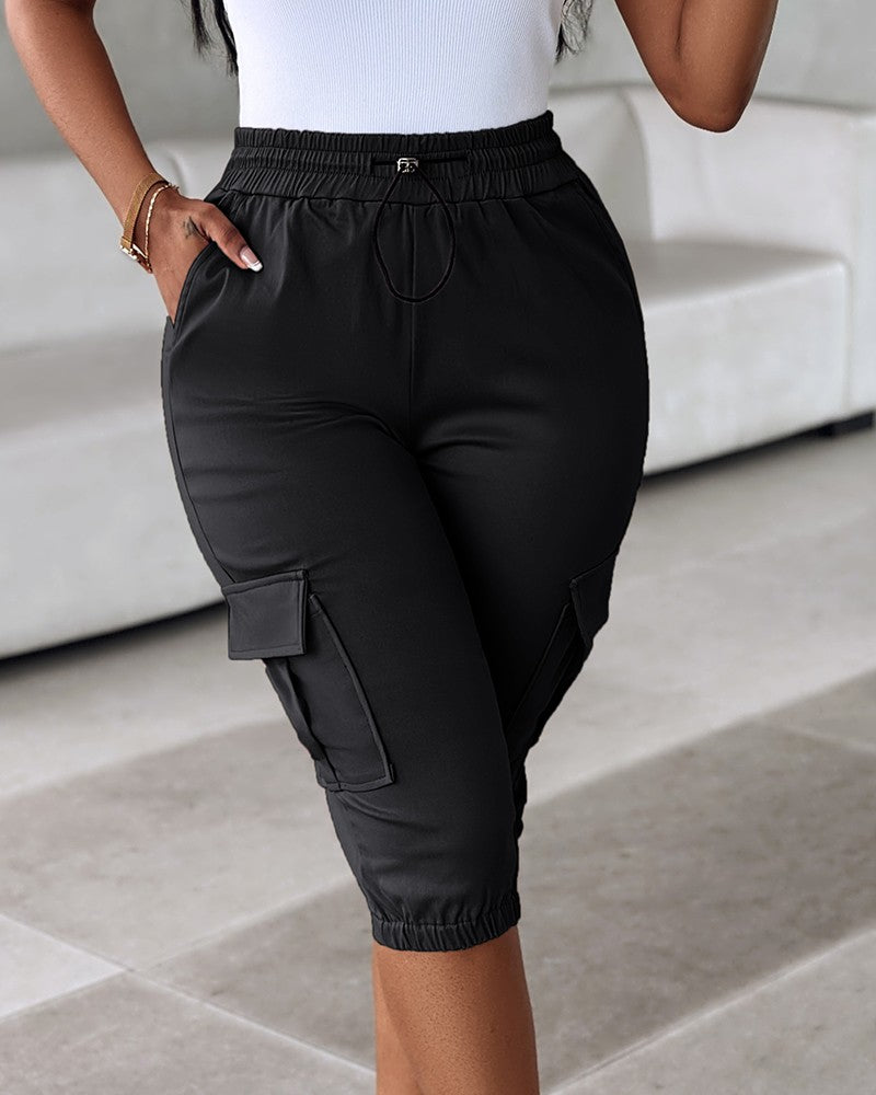 Side Pockets Drawstring Waist Cropped Cargo Pants