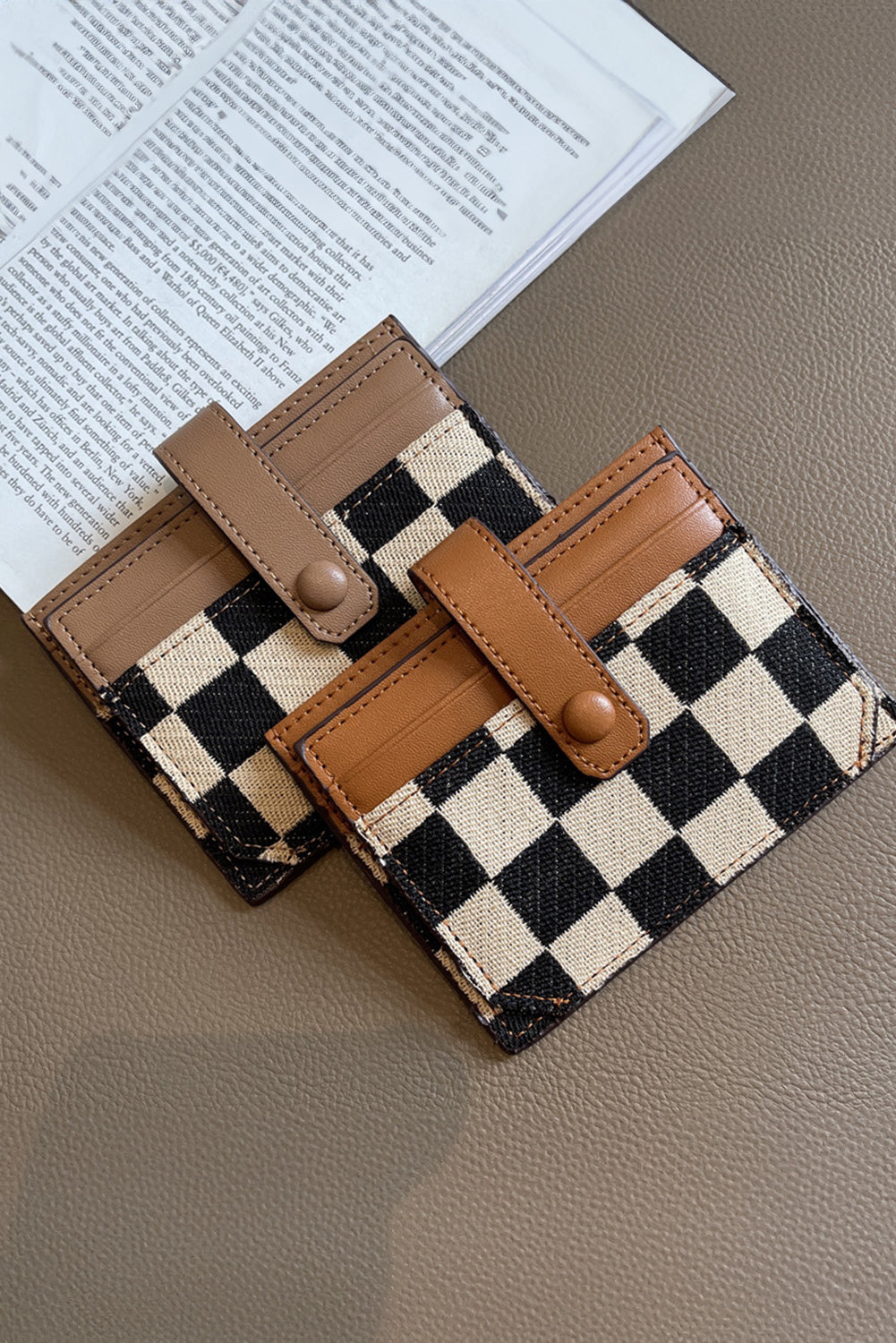 Coffee Leather Checkered Canvas Patchwork Card Storage Wallet