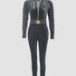 Velvet Zipper Design Ruched Long Sleeve Jumpsuit With Elastic Waistbelt