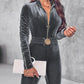 Velvet Zipper Design Ruched Long Sleeve Jumpsuit With Elastic Waistbelt