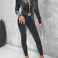 Velvet Zipper Design Ruched Long Sleeve Jumpsuit With Elastic Waistbelt