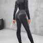 Velvet Zipper Design Ruched Long Sleeve Jumpsuit With Elastic Waistbelt