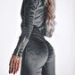 Velvet Zipper Design Ruched Long Sleeve Jumpsuit With Elastic Waistbelt