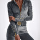 Velvet Zipper Design Ruched Long Sleeve Jumpsuit With Elastic Waistbelt