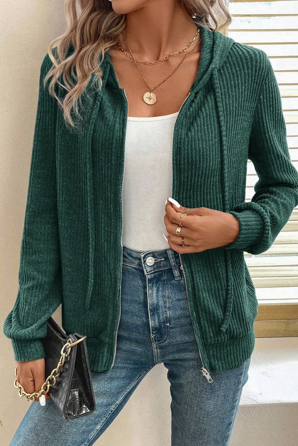 Evergreen Ribbed Zip Up Front Drawstring Hoodie