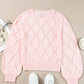 Gossamer Pink Openwork Plaid Puff Sleeve Cropped Sweater