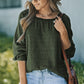 Green Scoop Neck Puff Sleeve Waffle Knit Top