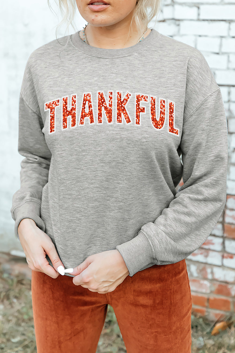 Gray THANKSFUL Shiny Letter Printed Graphic Sweatshirt