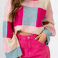 Rose Red Color Block Drop Shoulder Crewneck Loose Fit Sweater