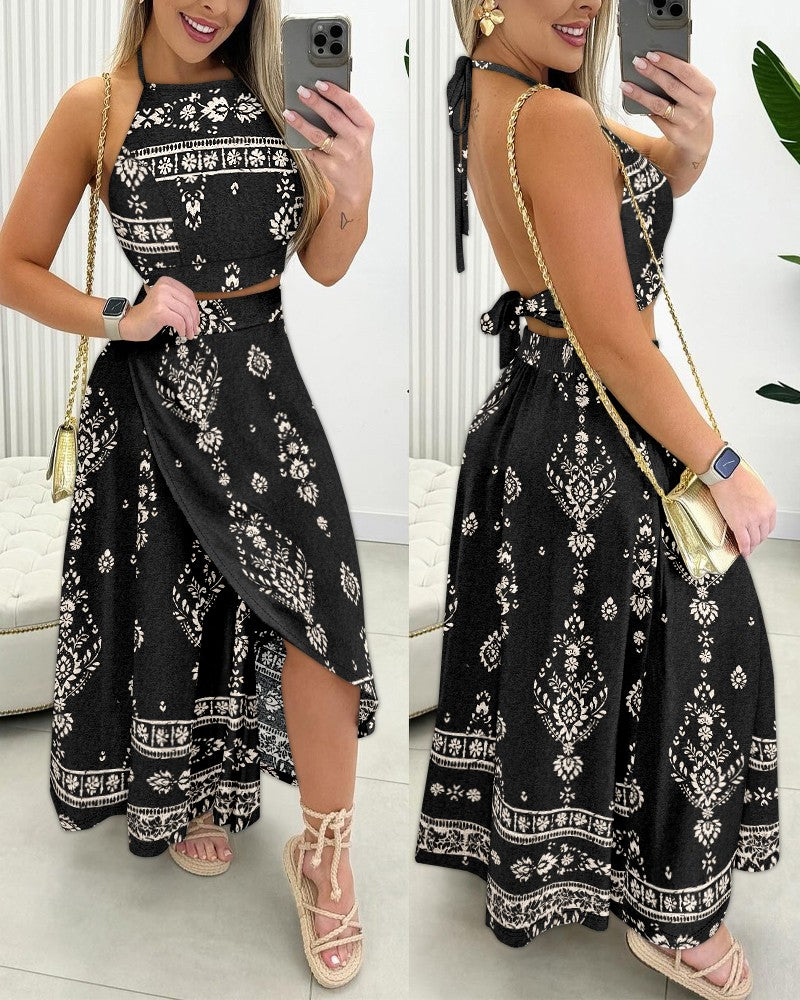 2 Piece Tropical Print Backless Halter Top Slit Skirt Set