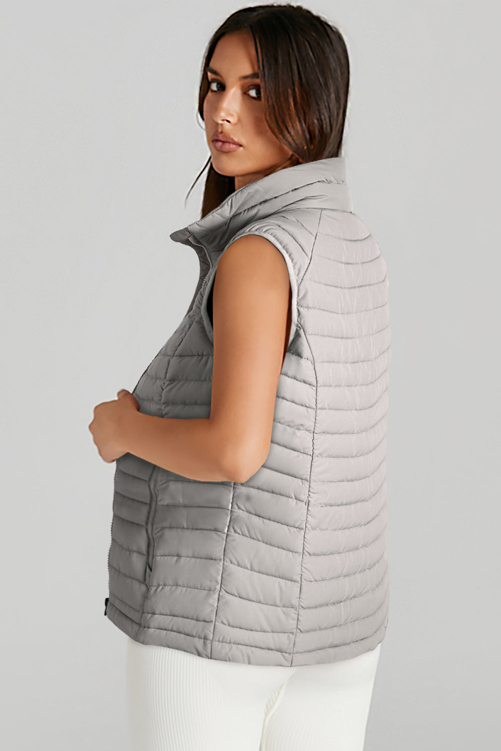 Silvery Plush Collared Quilted Zipped Puffer Vest