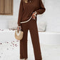 2PCS Round Neck Long Sleeve Slit Top & Straight Leg Pants Set