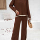 2PCS Round Neck Long Sleeve Slit Top & Straight Leg Pants Set