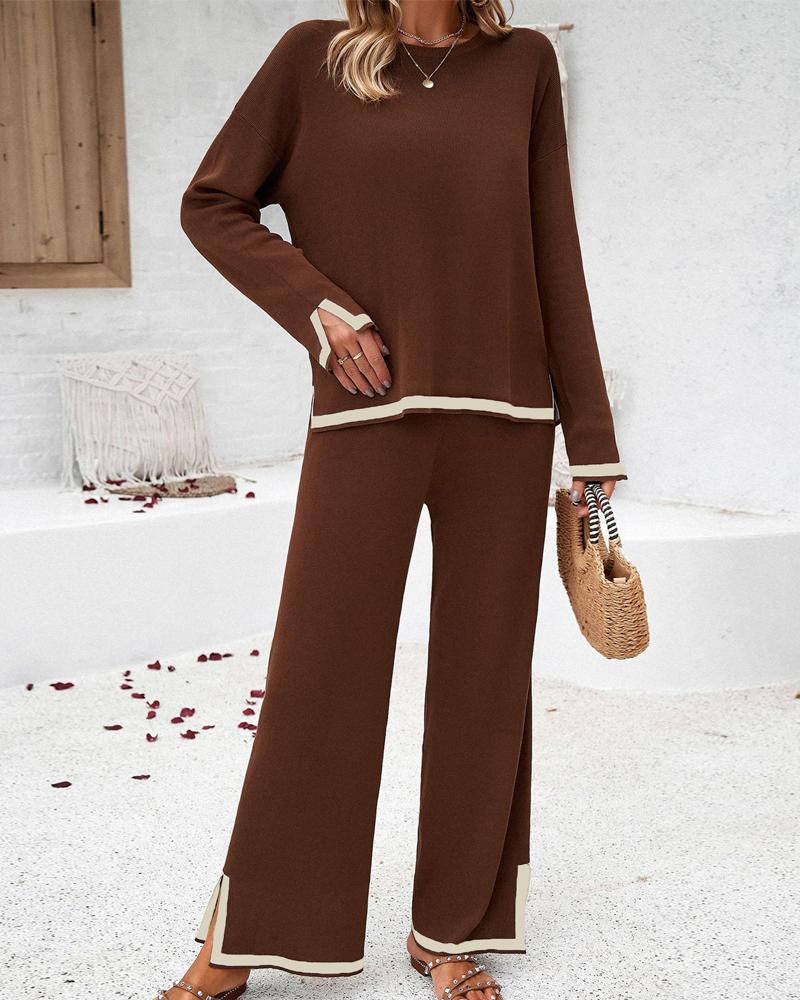 2PCS Round Neck Long Sleeve Slit Top & Straight Leg Pants Set