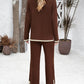 2PCS Round Neck Long Sleeve Slit Top & Straight Leg Pants Set