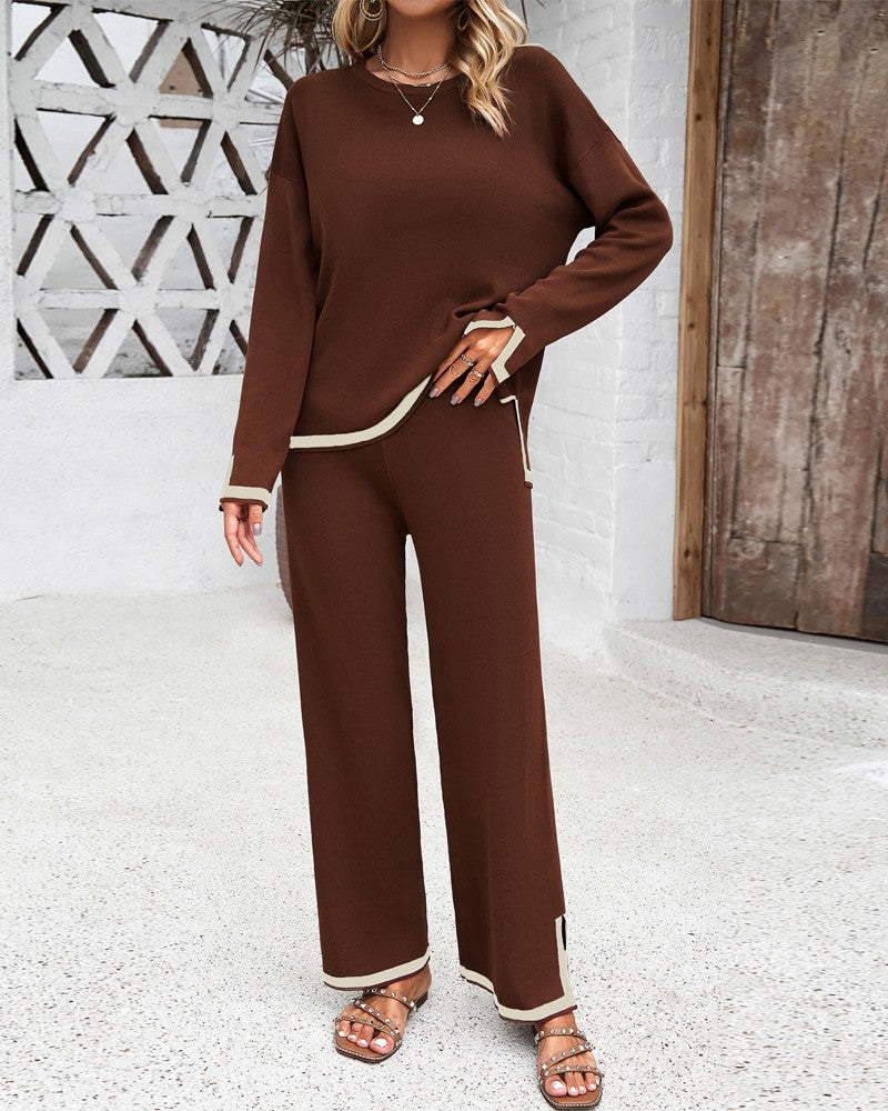 2PCS Round Neck Long Sleeve Slit Top & Straight Leg Pants Set