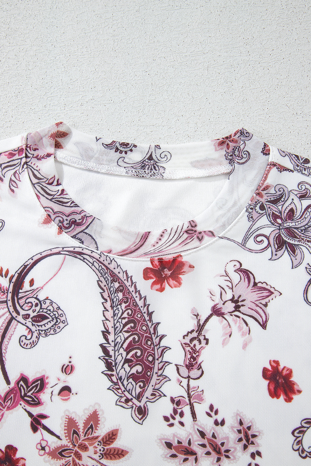 White Vintage Paisley Mock Neck T Shirt