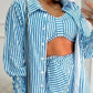 Striped Crop Top & Tied Detail Shorts Set With Frill Hem Gigot Sleeve Coat