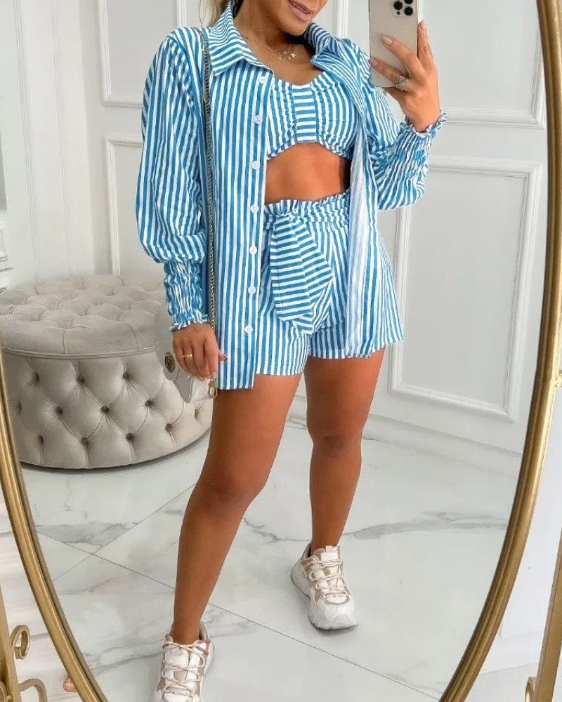 Striped Crop Top & Tied Detail Shorts Set With Frill Hem Gigot Sleeve Coat