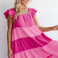 Pink Crinkled Colorblock Patchwork Flutter Tiered Mini Dress