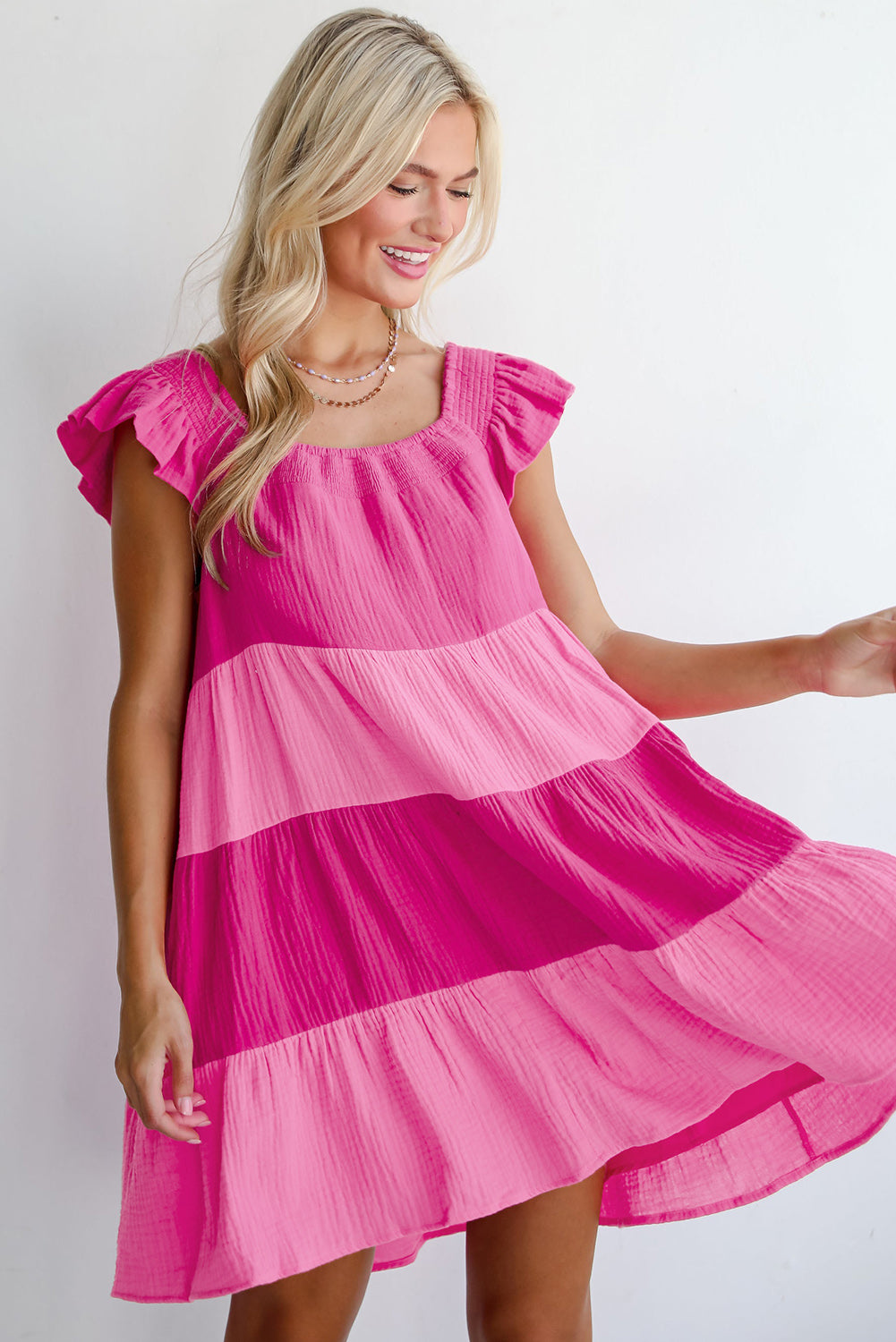 Pink Crinkled Colorblock Patchwork Flutter Tiered Mini Dress