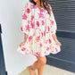 Pink Floral Print Balloon Sleeve V Neck Babydoll Mini Dress