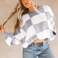 Gray Checkered Bishop Sleeve Sweater