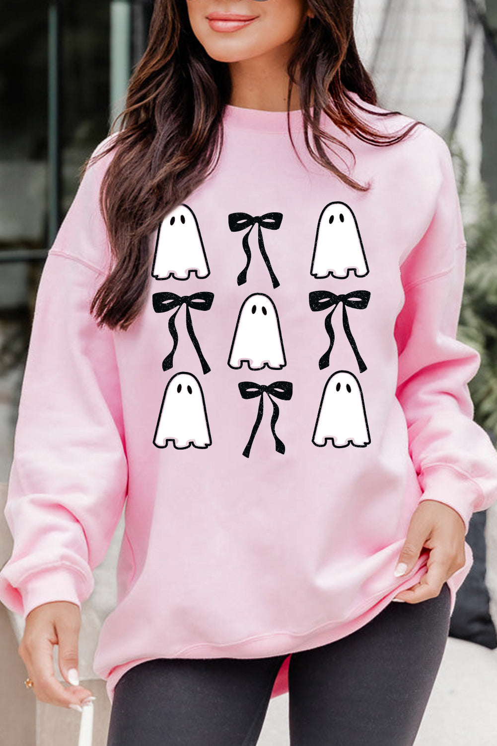 Pink Ghost Bowknot Printed Drop Shoulder Halloween Sweatshirt