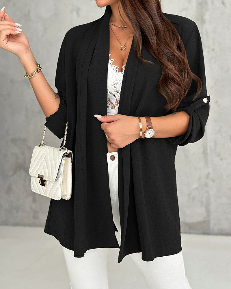 Roll Up Sleeve Casual Coat Open Front Lightweight Cardigan Top