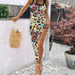 Leopard Butterfly Print U Neck Thick Strap Drawstring Ruched Ribbed Side Slit Tank Bodycon Elegant Dress