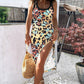 Leopard Butterfly Print U Neck Thick Strap Drawstring Ruched Ribbed Side Slit Tank Bodycon Elegant Dress