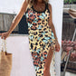 Leopard Butterfly Print U Neck Thick Strap Drawstring Ruched Ribbed Side Slit Tank Bodycon Elegant Dress