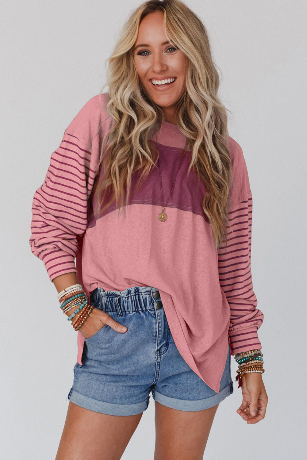 Peach Blossom Colorblock Striped Bishop Sleeve Top