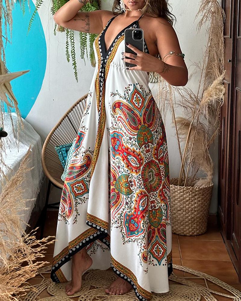 Tribal Print Plung V Neck Sleeveless Maxi Dress Caual Halter A Line Asymmetrical Vacation Dress