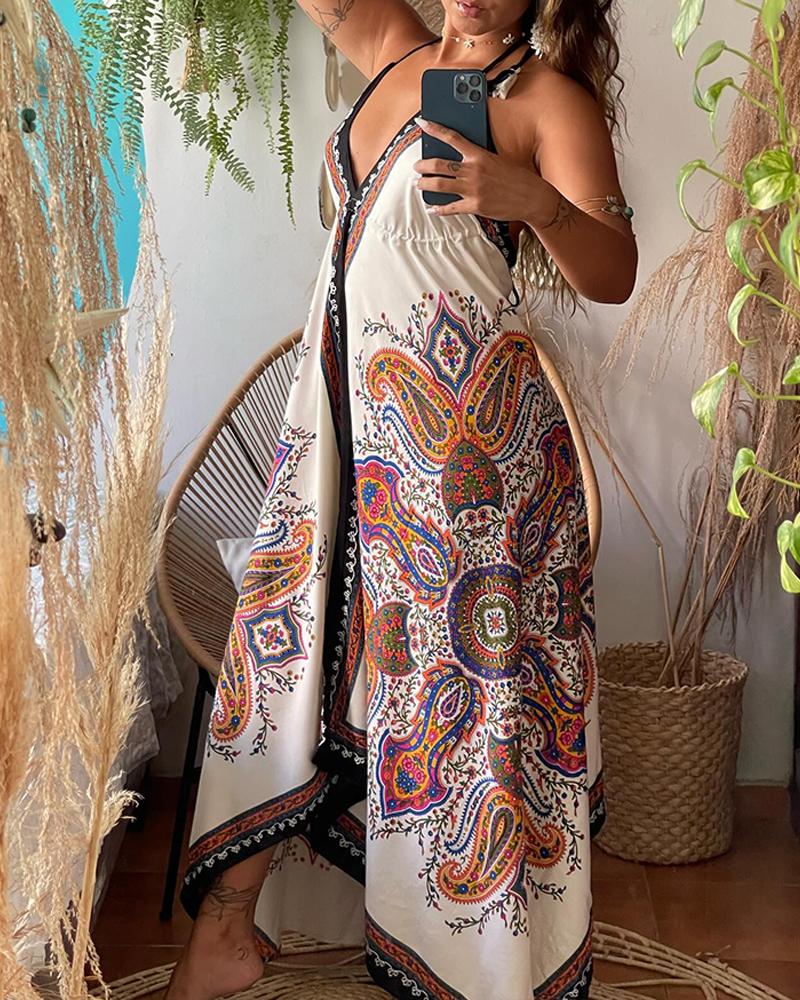 Tribal Print Plung V Neck Sleeveless Maxi Dress Caual Halter A Line Asymmetrical Vacation Dress