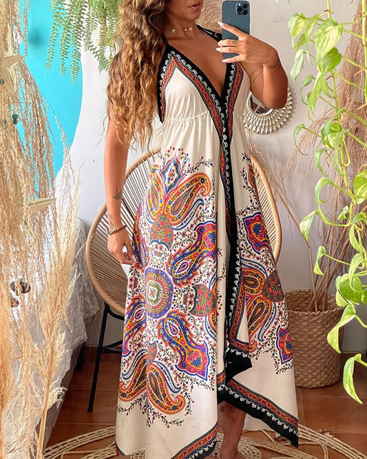 Tribal Print Plung V Neck Sleeveless Maxi Dress Caual Halter A Line Asymmetrical Vacation Dress