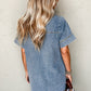 Beau Blue Short Sleeve Collared Patched Pocket Denim Mini Dress