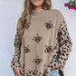 Khaki Sequin Turkey Leopard Mixed Pattern High Neck Sweater with Slits