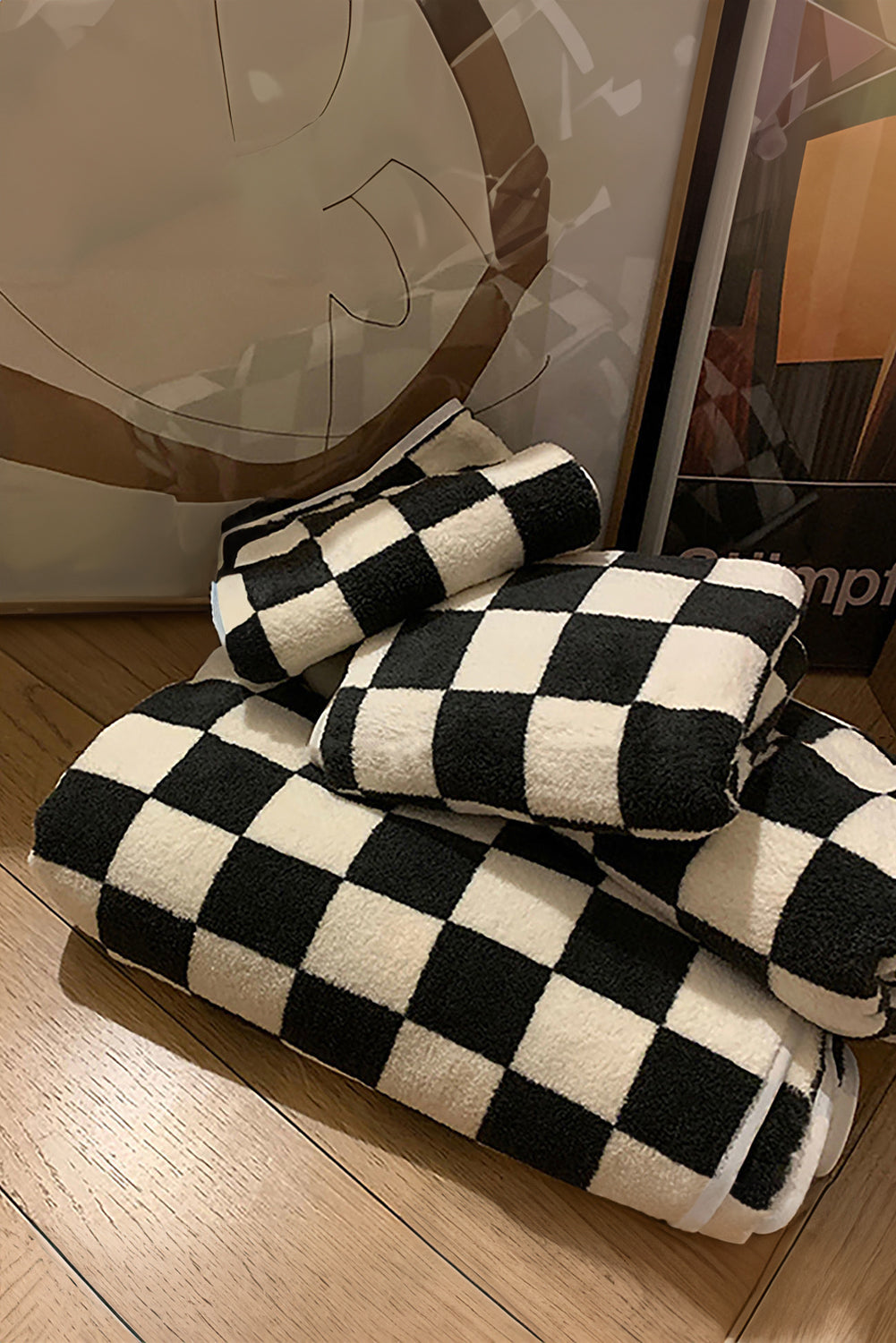 Black Fuzzy Checkerboard Bath Towel