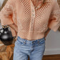 Apricot Pink Hollowed Knit 3/4 Dolman Sleeve Buttoned Collared Sweater