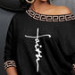 Faith Print Geometric Tape Patch Skew Neck Casual Dress Half Sleeve Mini Dress